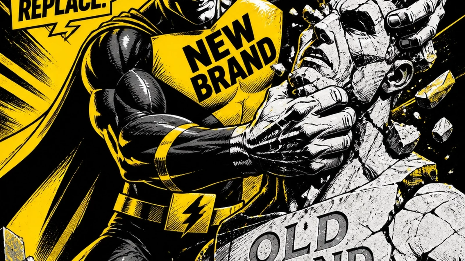A hero dismantling a weak, broken statue labeled 'Old Brand'. Brutalist Superhero Comic-Book style.