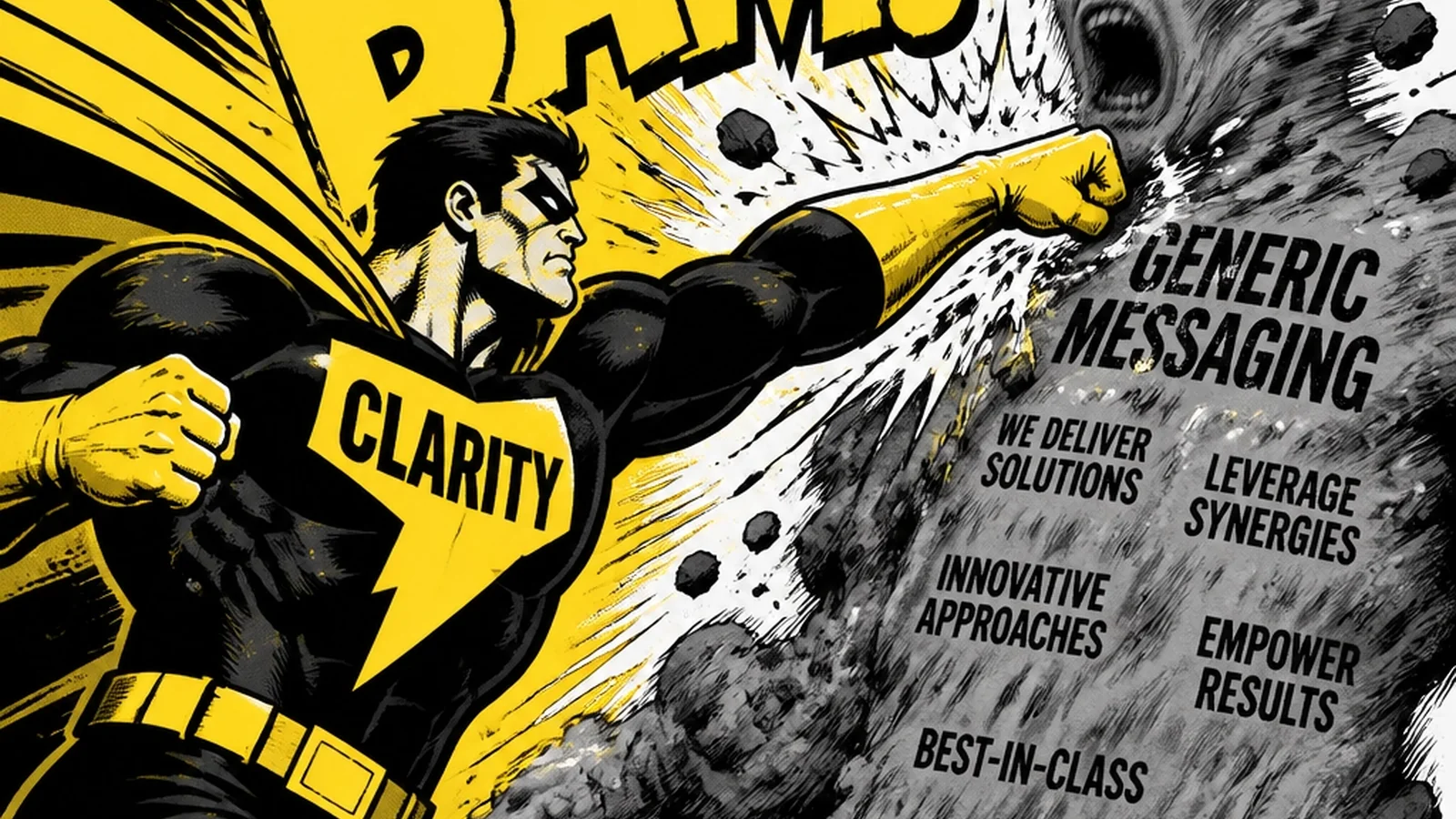 A hero smashing a gray, blurry monster representing 'Generic Messaging'. Brutalist Superhero Comic-Book style.