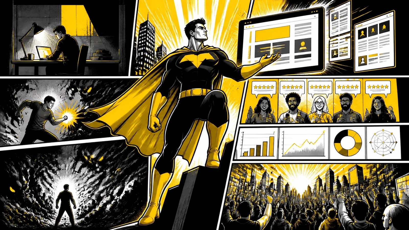 The hero transforms chaos into a trusted digital empire as reviews, websites, and data signals rise above Shadow City and citizens cheer in bold yellow-black-white comic-book style.