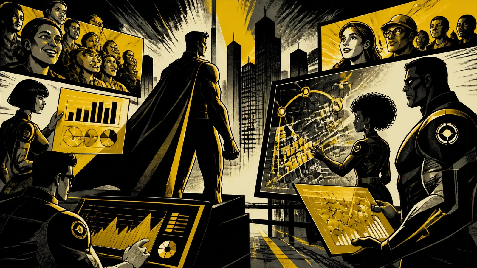 The League of Extraordinary Marketers assembles with the hero in Shadow City, surrounded by strategy maps and signals of rising customer trust in a brutalist comic-book panel.