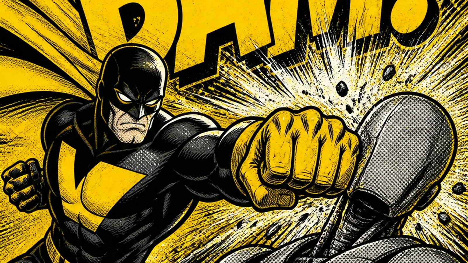Brutalist comic illustration of The Mimic — a shape-shifting villain mirroring competitors' logos and taglines while a hero struggles in the Fog of Sameness, representing brand differentiation and positioning battles.