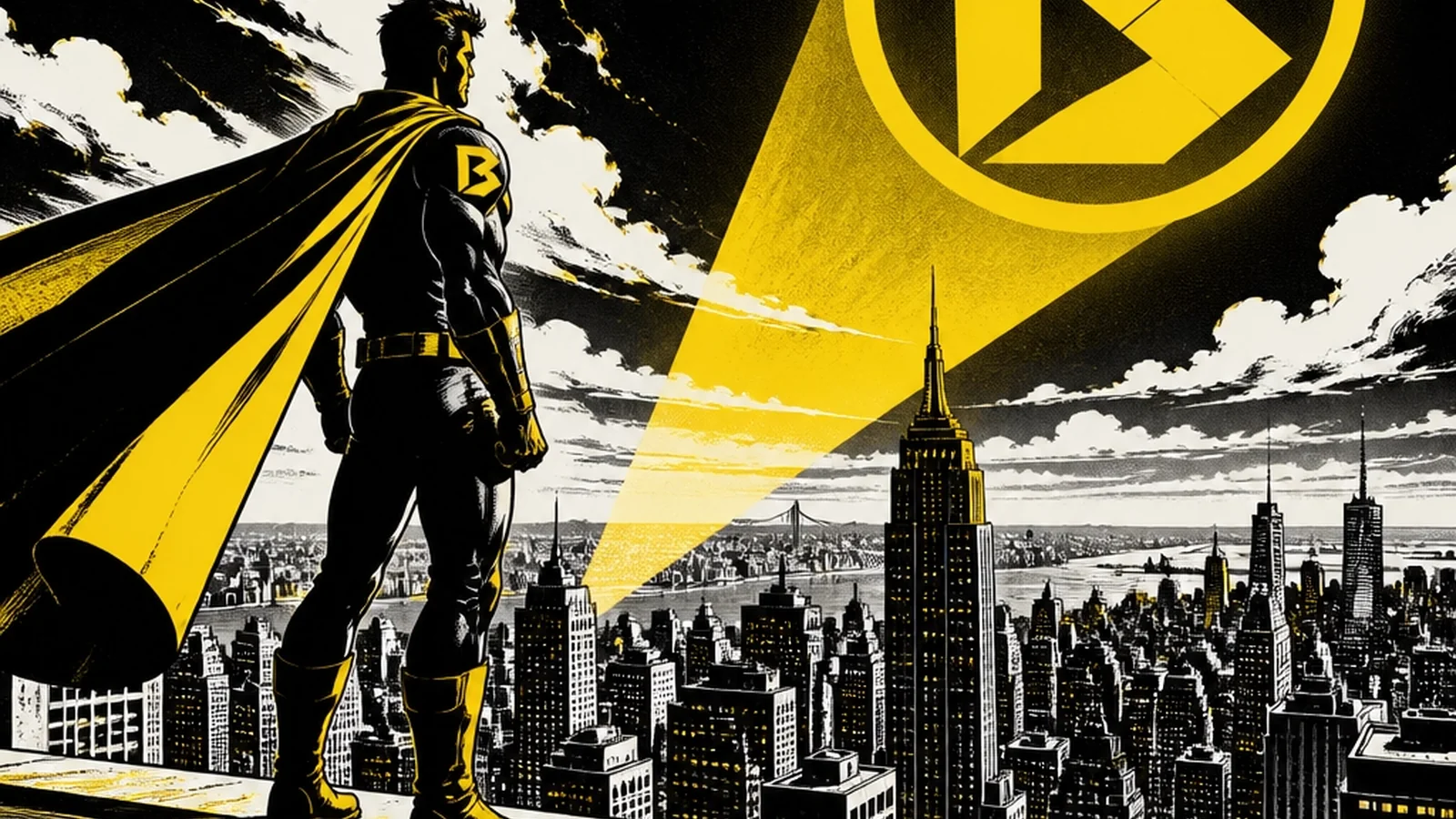 Brutalist comic illustration of Victory and Clarity — the hero raises a glowing Rune above a clearing Fog of Sameness as the city of Commerce cheers, symbolizing successful brand positioning and market differentiation.