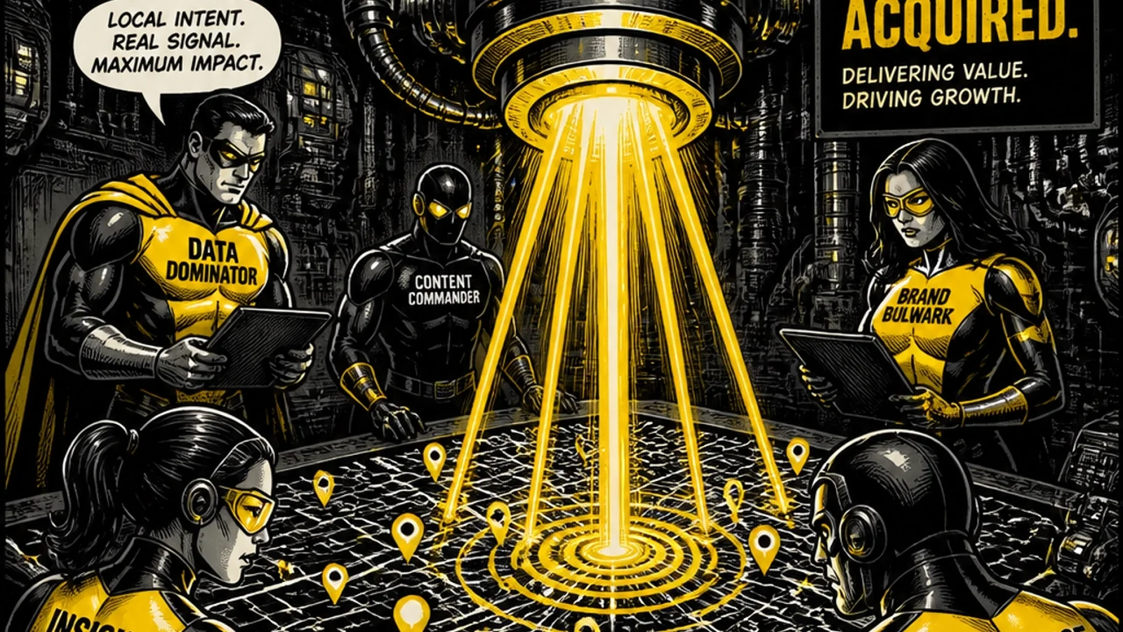 Brutalist comic illustration of The League at the Technical Forge — heroes calibrating LocalBusiness Schema, mobile speed dials, and Google Business Profile signals on a wall of glowing tactical maps.