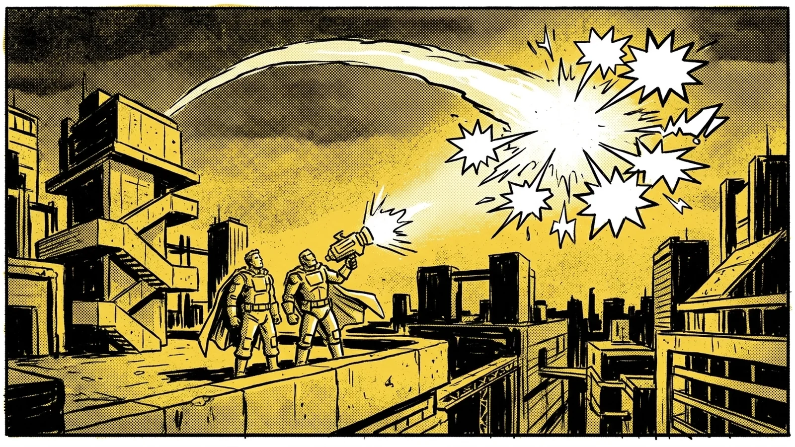 Brutalist comic illustration of The Signal Flare — a hero firing a yellow testimonial flare into the sky over Shadow City as quoted client praise lights up the panel, representing testimonials as conversion-driving social proof signals.