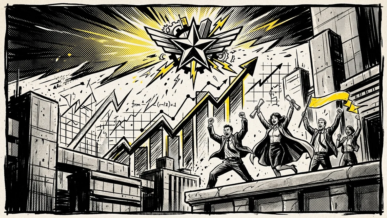 Brutalist comic illustration of the Victory Seal — a glowing yellow medallion stamped with conversion-rate, lead-volume, and ranking metrics, sealing the Nu-England Services and Animal Rescue battle reports as authenticated wins.