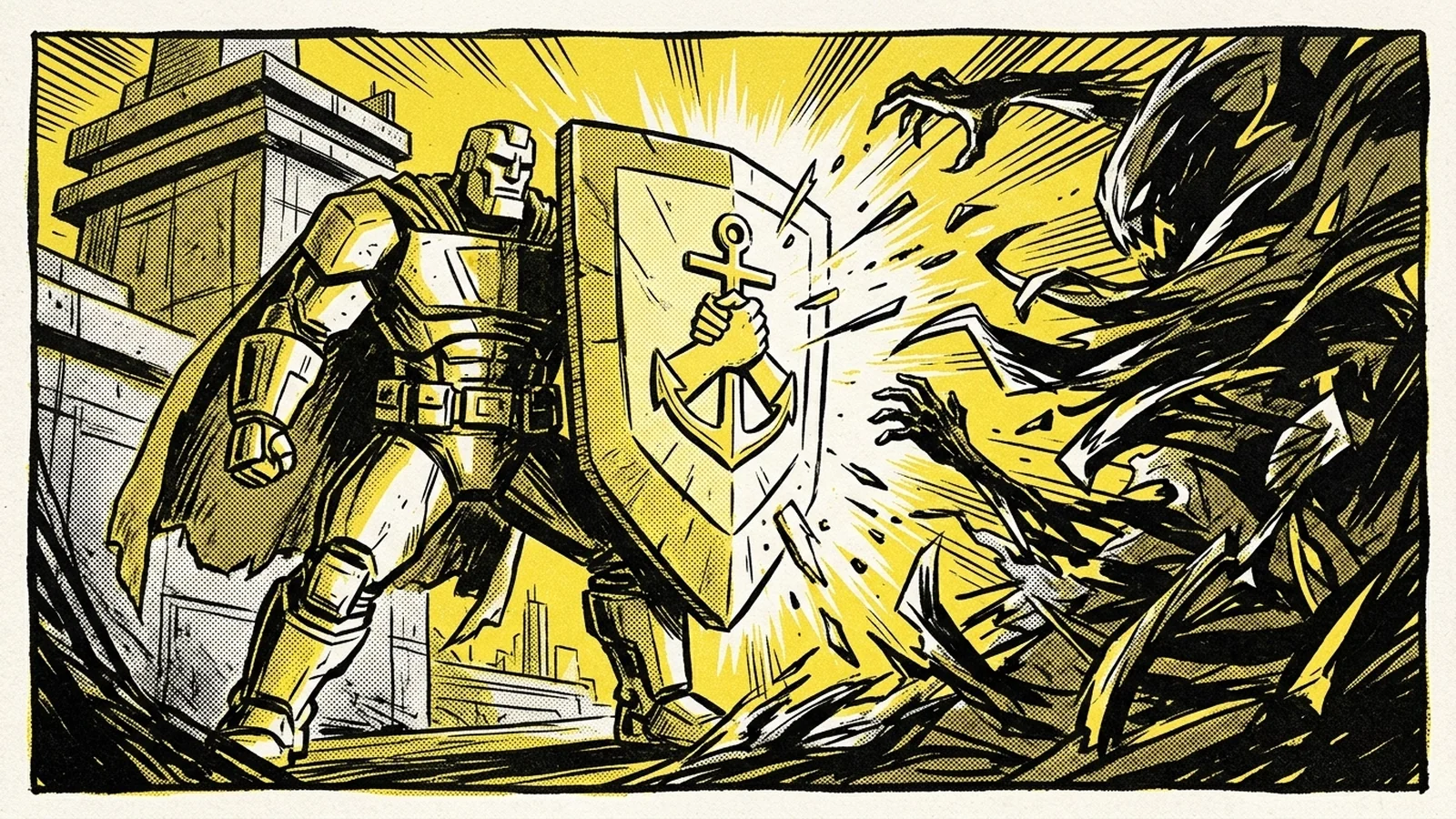 Brutalist comic illustration of The Shield of Trust — a hero raising a glowing yellow shield emblazoned with case-study graphs and testimonial seals as Skepticism and Doubt recoil, representing social proof as reputational armor.