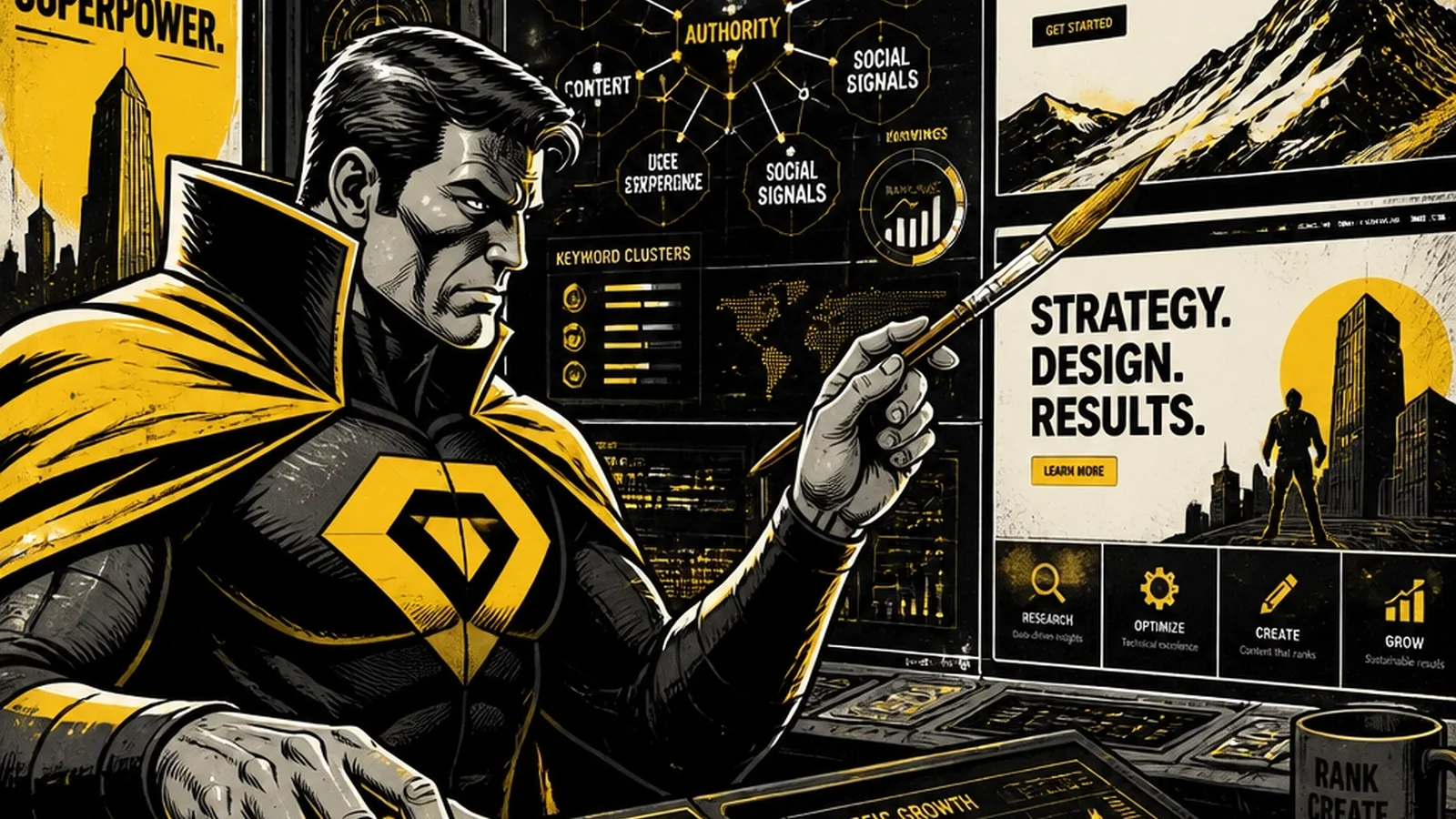 Brutalist comic illustration of The Strategist at the Forge — a hero hammering glowing silicon circuits and human creative sparks into a unified weapon on a war-room anvil, representing the Human + AI fusion of strategy and technology.