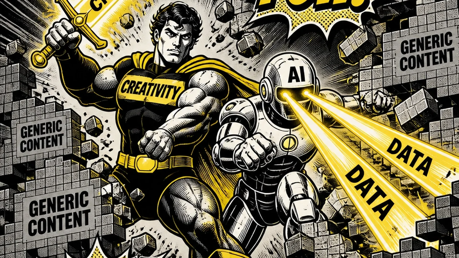 Brutalist comic illustration of The Generic Bot-Army — faceless identical AI-generated marketing clones marching in formation while a hero raises a yellow signal flare of authentic human creativity, representing the cost of soulless automation.