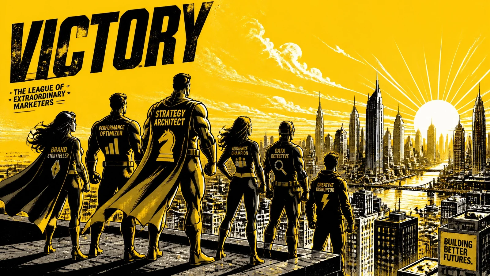 Brutalist comic illustration of The Victory of the League — heroes raising the 141 Creative banner over a conquered Shadow City as defeated Generic Bot-Army villains scatter, representing the completed 30-chapter Hero's Journey from underdog to Master of Two Worlds.