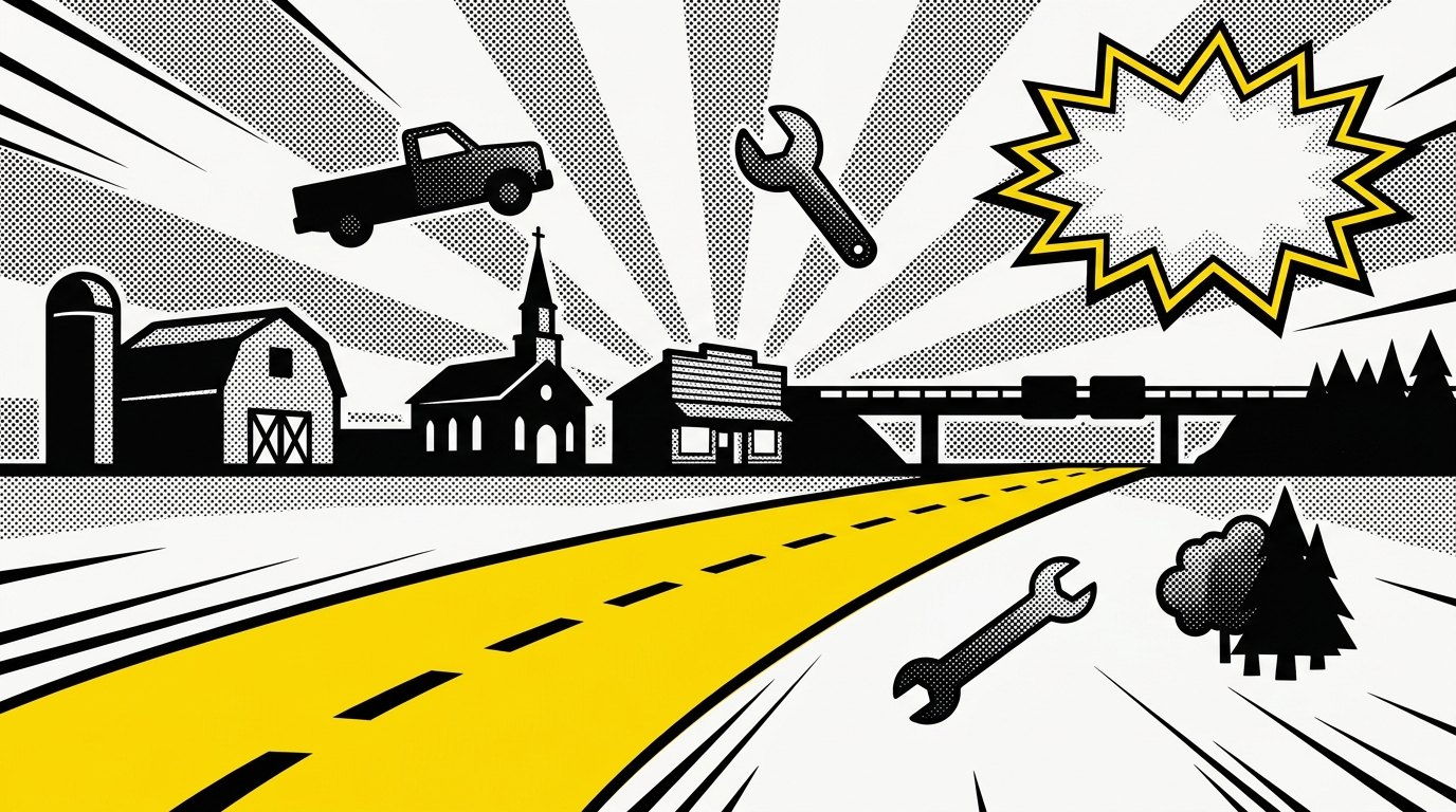 Website design Charlton, MA — brutalist illustration of Charlton-area farmland, Mass Pike Exit 9 corridor, and rural trade businesses by 141 Creative