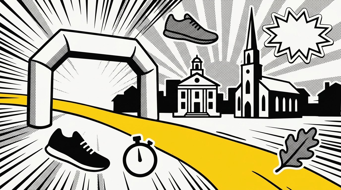 Website design Hopkinton, MA — brutalist illustration of the Hopkinton common, Boston Marathon starting line area, and I-495 / Route 135 corridor by 141 Creative