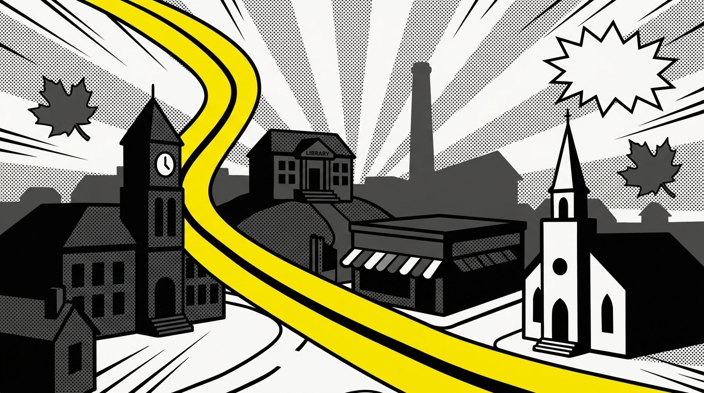 Website design Leicester, MA — brutalist illustration of the Leicester common, Route 9 corridor, and historic mill buildings by 141 Creative