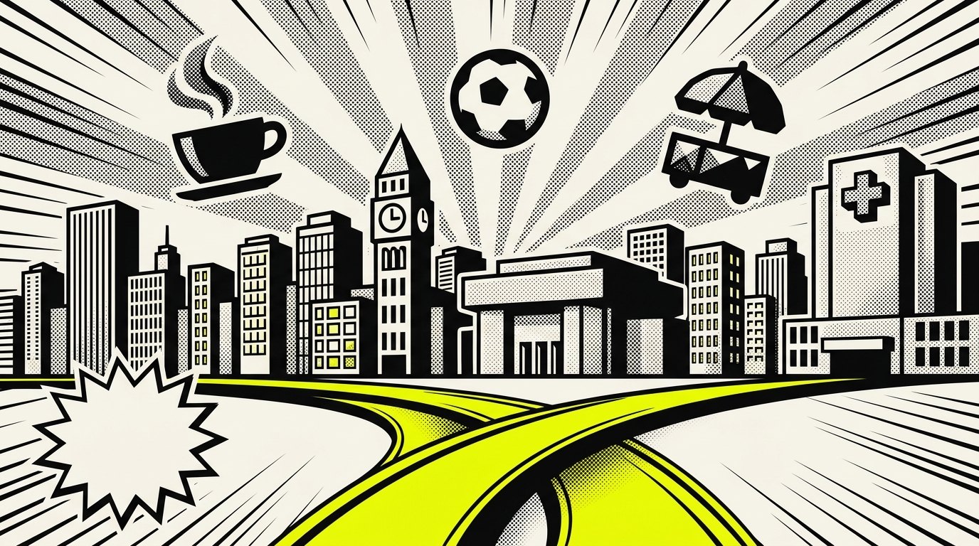 Website design Milford, MA — brutalist illustration of downtown Milford, Milford Regional Medical Center area, and the I-495 / Route 16 MetroWest corridor by 141 Creative