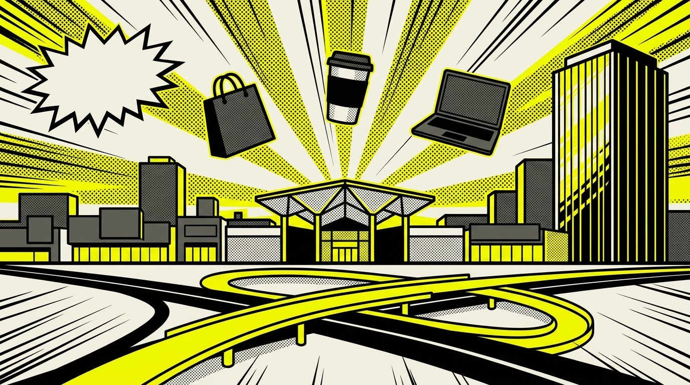 Website design Newton, MA — brutalist illustration of the Newton-Brookline professional corridor by 141 Creative, an inner-MetroWest web design agency serving the 13 villages of Newton