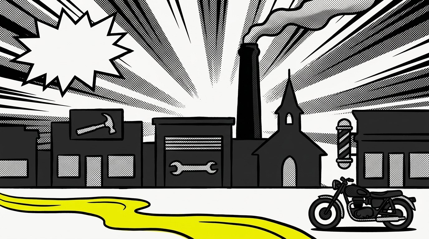 Website design Oxford, MA — brutalist illustration of Oxford historic mill town storefronts and Route 12 commercial corridor by 141 Creative