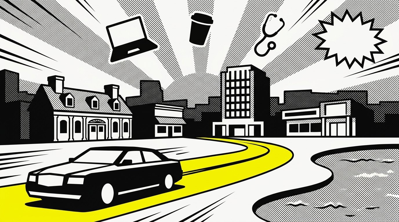 Website design Shrewsbury, MA — brutalist illustration of the Shrewsbury Route 9 suburban skyline and Lake Quinsigamond by 141 Creative