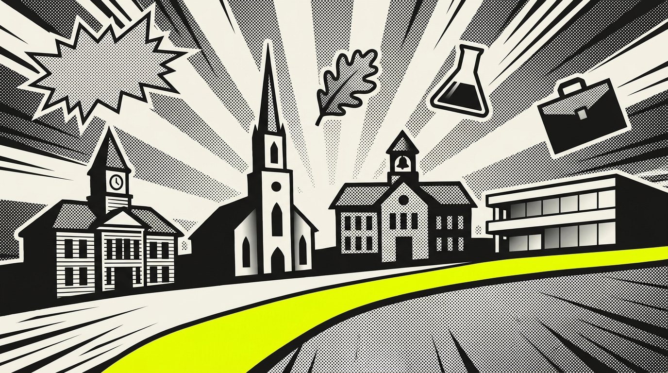 Website design Southborough, MA — brutalist illustration of the Southborough town common, Route 9 biotech corridor, and Saint Mark\u0027s School area by 141 Creative
