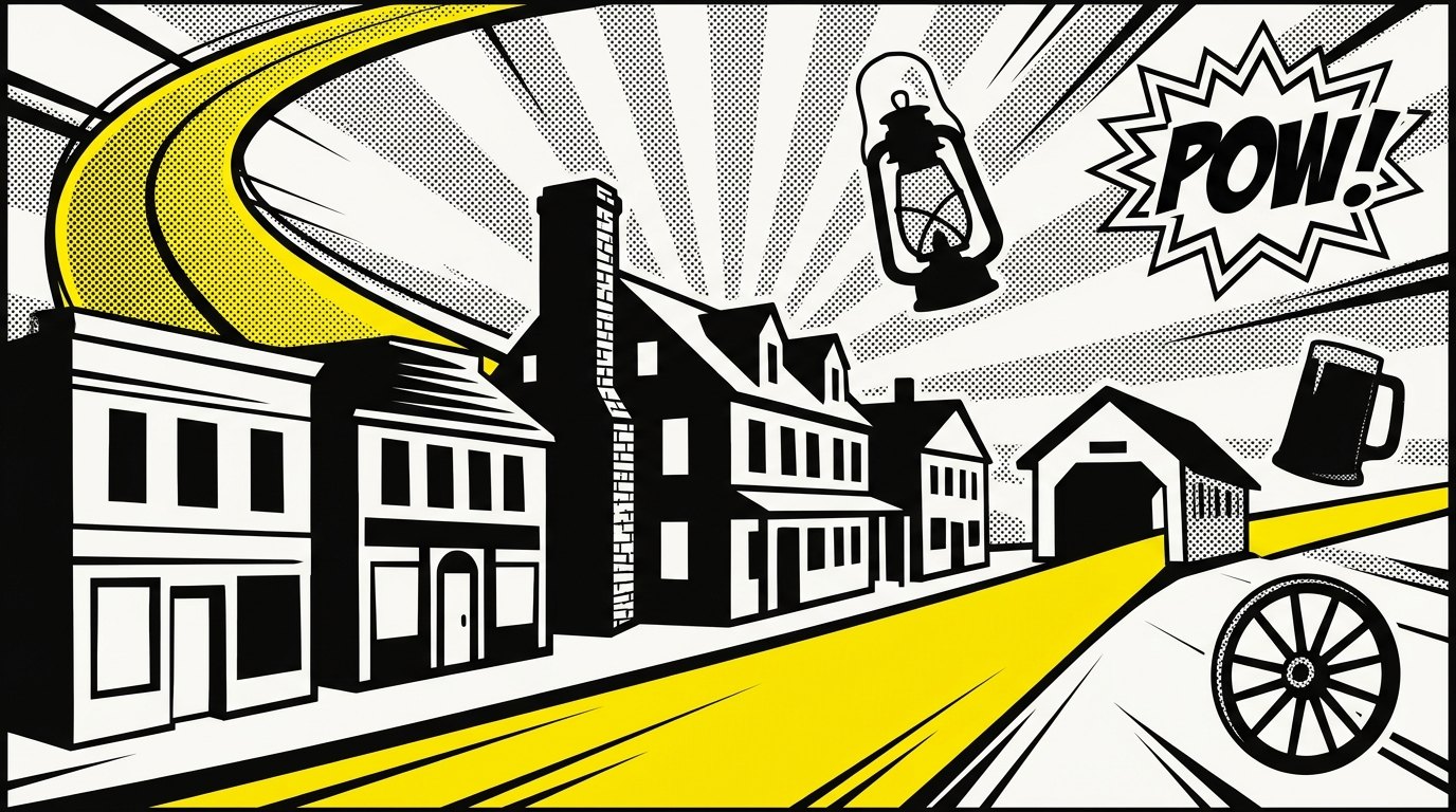 Website design Sturbridge, MA — brutalist illustration of the Sturbridge historic village and Route 20 tourism corridor by 141 Creative