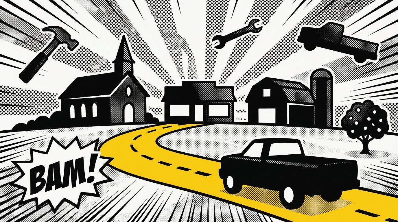 Website design Sutton, MA — brutalist illustration of a Sutton-area rural town with farms, trades, and a flat country road by 141 Creative
